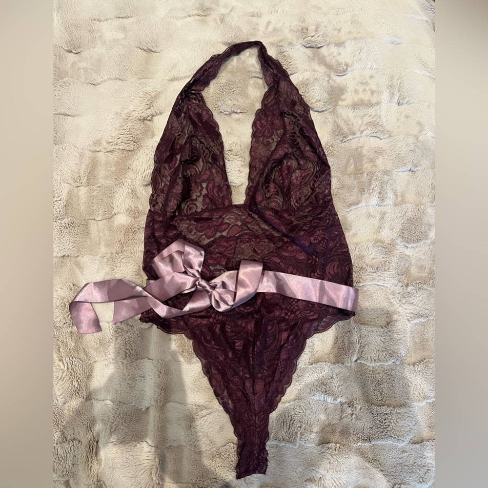 Lace Halter Teddy Lingerie with Satin Bow